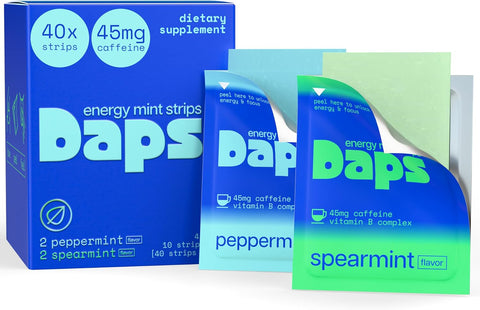 Daps Mint Energy Strips - 45mg Natural Caffeine + B-Vitamins - Fast-Acting Energy Supplement - Works Faster Than Coffee - On-The-Go, Sugar Free - Variety Pack, 40 Strips