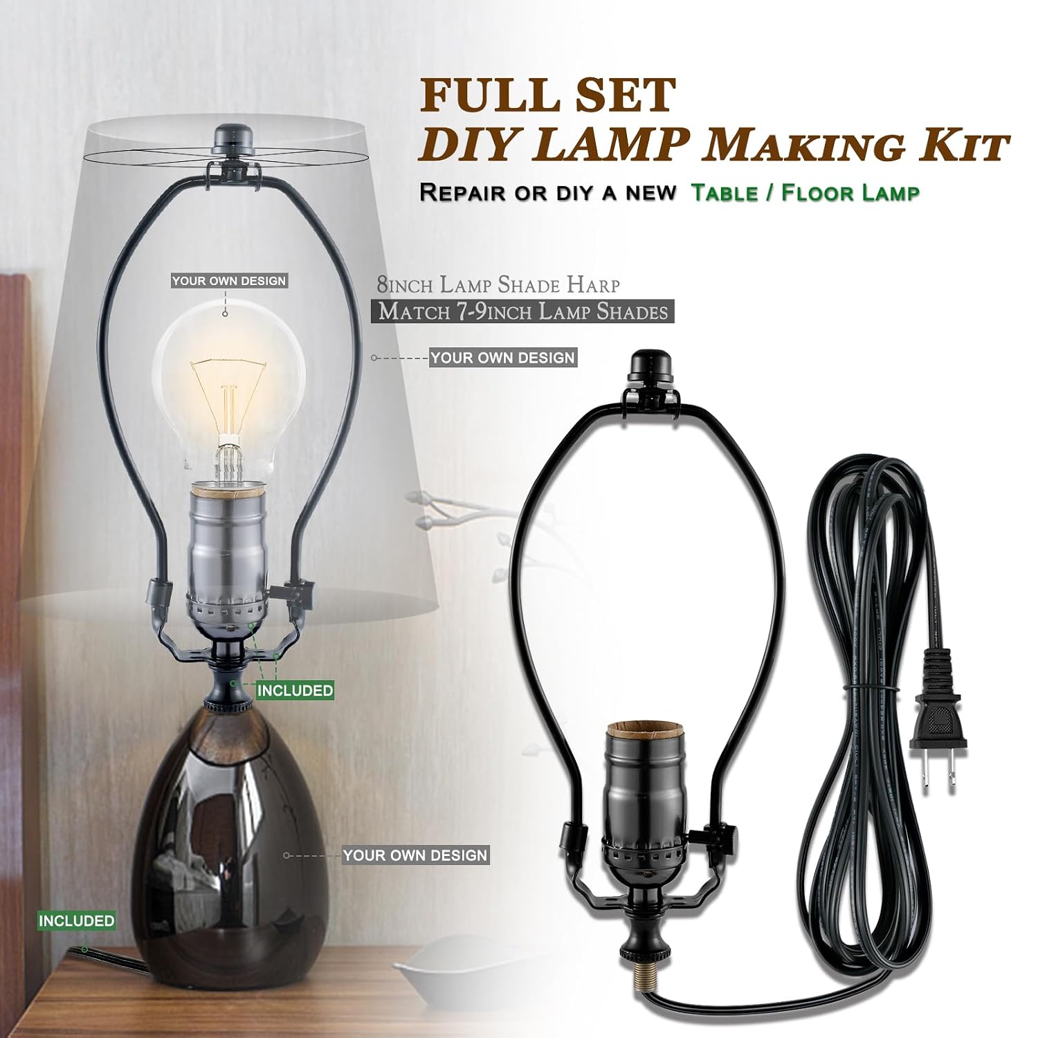 Lamp Making Kit,Make a Lamp or Repair Kit, 3-Way Lamp Socket with Matching Cord and Harp Set, Wiring Kit for Table Floor Lamp,Essential Hardware for DIY Light Design or Repair (Black, 2)