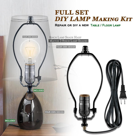 Lamp Making Kit,Make a Lamp or Repair Kit, 3-Way Lamp Socket with Matching Cord and Harp Set, Wiring Kit for Table Floor Lamp,Essential Hardware for DIY Light Design or Repair (Black, 2)
