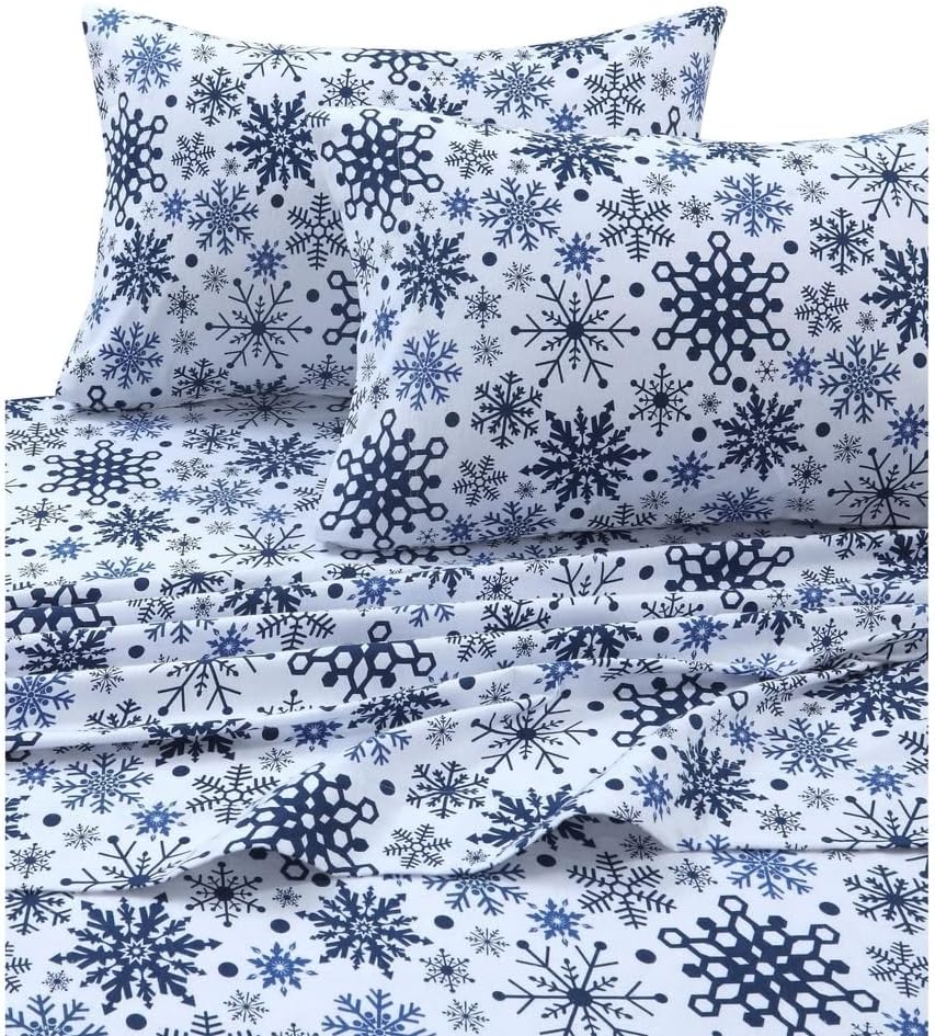 Tribeca Living King Deep Pocket Flannel Sheet Set, Snowflakes Multi