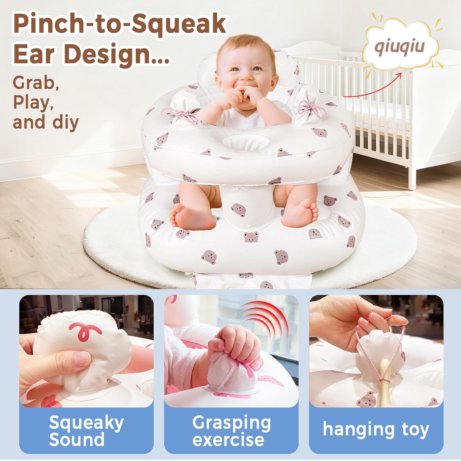 Inflatable Baby Seat for Babies 3-36 Months，[Squeaky Sound & Anti-Fall Design] Inflatable Chair with Sound-Making Ears, Baby Seat for Sitting-Up Practice, Built-in Air Pump (Ear Bear)