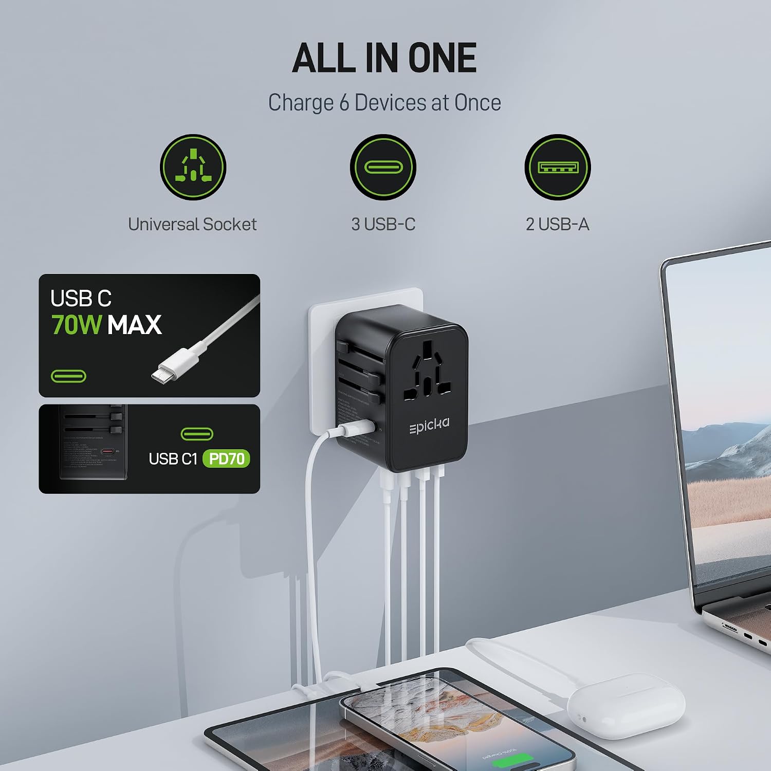 Epicka 70W GaN PD Universal Travel Adapter, 3USB-C/2USB-A