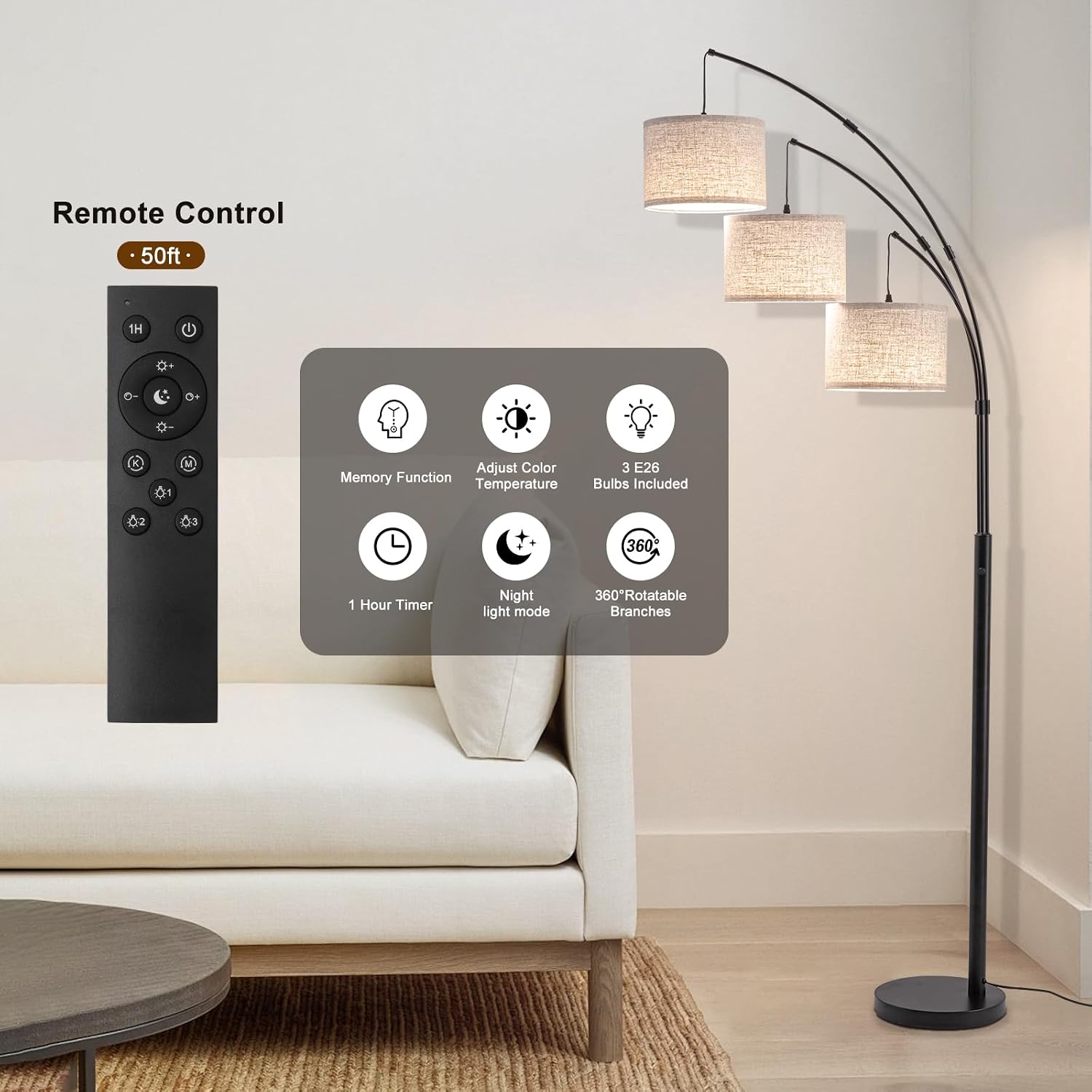 3 Light Arc Floor Lamp with Remote, Beige Shade Black Pole
