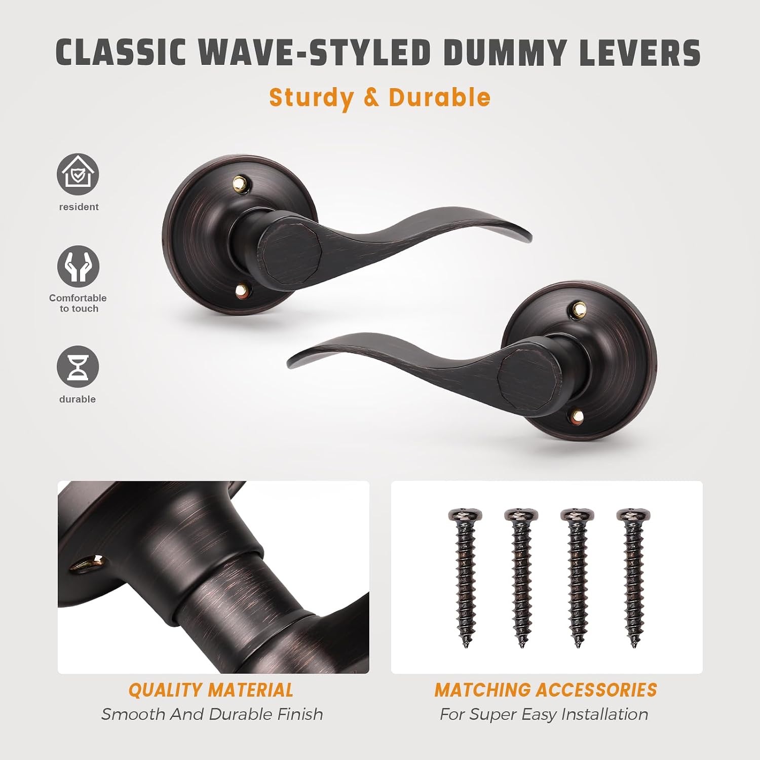 KNOBWELL 4 Pack Bronze Door Knobs Interior Single Side Dummy Door Handles for Closet/French Doors(2 Left + 2 Right), Wave Style Lever Set