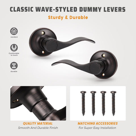 KNOBWELL 4 Pack Bronze Door Knobs Interior Single Side Dummy Door Handles for Closet/French Doors(2 Left + 2 Right), Wave Style Lever Set