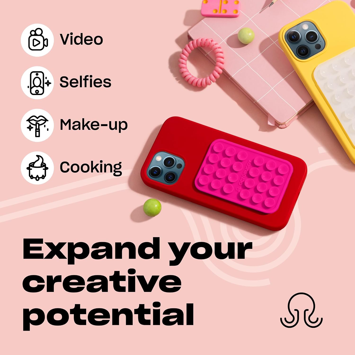 OCTOBUDDY Classic - Silicone Suction Phone Case Adhesive Mount, Hot Pink