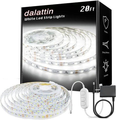 dalattin White LED Strip Lights, 20ft Dimmable Super Bright 24V Led Tape Light 6500K 360 LEDs Lights for Bedrooms, Mirror, Kitchen, Home Decoration Daylight White