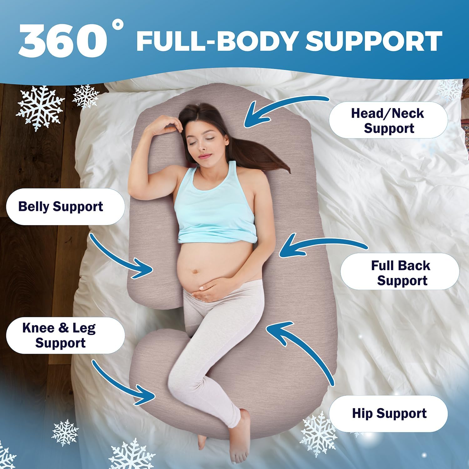 Pregnancy Pillows for Sleeping – 57-Inch Maternity Pillow for Pregnant Women with Removable Washable Cover – Support for Back, Belly, Neck, Legs, & Hips – V C U Shaped Full Body Pillow - Cooling Beige