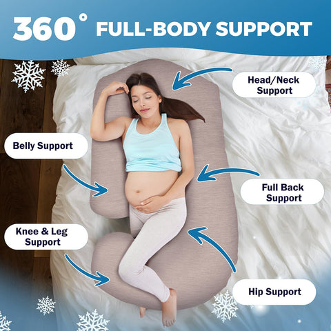 Pregnancy Pillows for Sleeping – 57-Inch Maternity Pillow for Pregnant Women with Removable Washable Cover – Support for Back, Belly, Neck, Legs, & Hips – V C U Shaped Full Body Pillow - Cooling Beige
