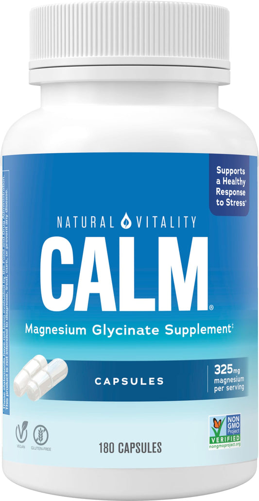 Natural Vitality Calm, Magnesium Glycinate Supports Bone, Muscle, Heart, & Nerve Health, Non-GMO, Vegan, Gluten Free 180ct