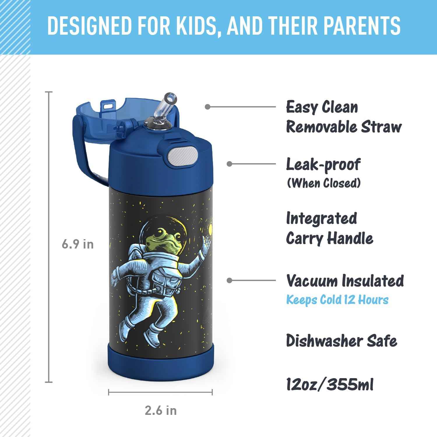 THERMOS FUNTAINER Water Bottle with Straw, 12oz, Space Frog