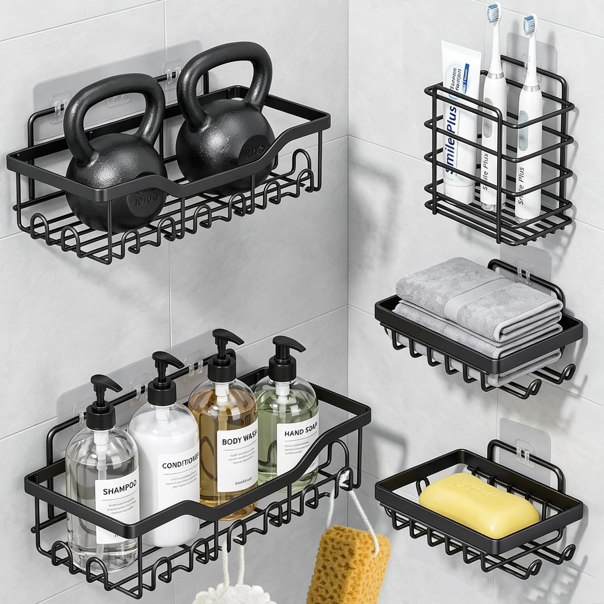 Fammart Adhesive Shower Caddy, 5-Pack Rustproof Stainless Steel Bathroom Organizer with 28 Hooks, No-Drill Large Capacity Shower Shelves for Bathroom Storage & Home Décor, Black