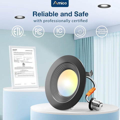 Amico 4 Pack 4 inch 5CCT LED Recessed Lighting, Retrofit Can Lights, Black