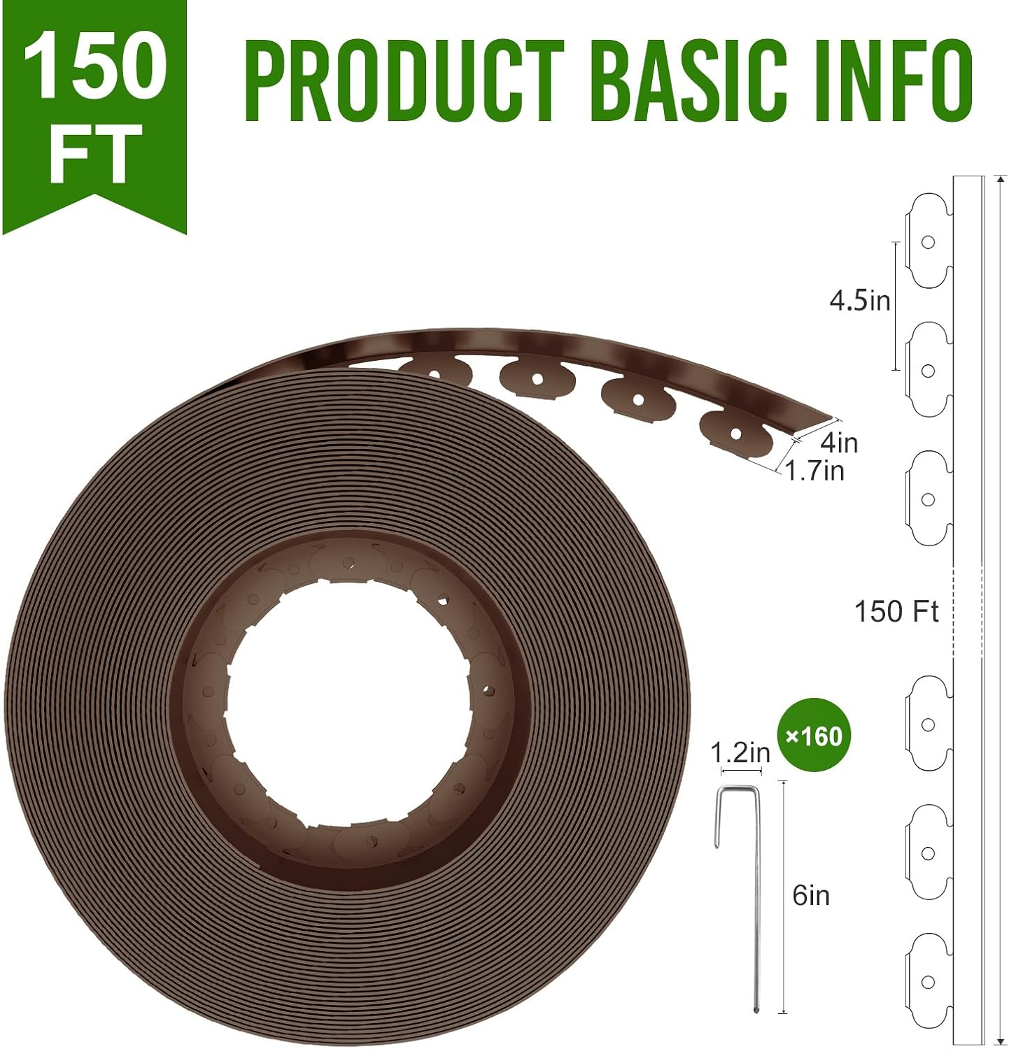 Landscape Edging 4 Inch Tall 150FT with 160Pcs Metal Spikes, Plastic Garden Edging Border Landscape Edging Border Lawn Edging for Landscaping, Flower Bed, Yard(Brown)