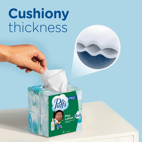 Puffs Facial Tissues Plus Lotion, 8 Family Rectangle Boxes, 124 Facial Tissues per Box, Allergies and Colds (Packaging May Vary)