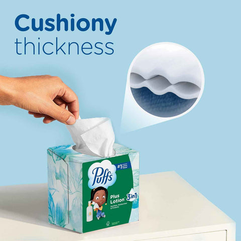 Puffs Facial Tissues Plus Lotion, 18 Cube Boxes, 56 Facial Tissues per Box, Allergies and Colds (Packaging May Vary)