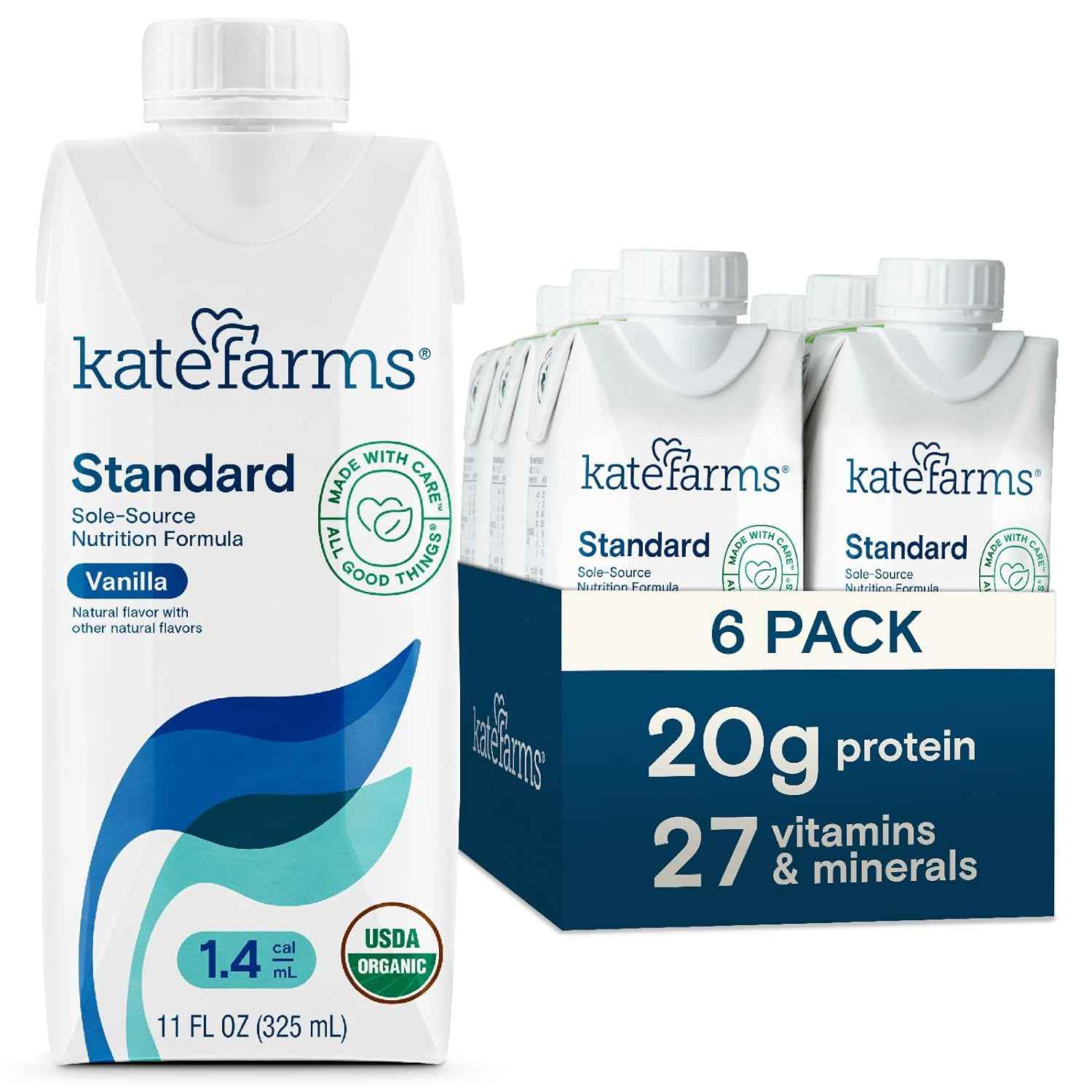 KATE FARMS Organic 1.4 High Calorie Shake, Vanilla, 20g Protein, 6 Pack | Organic vanilla high calorie nutrition shake with 20g protein plus 27 vitamins and minerals.