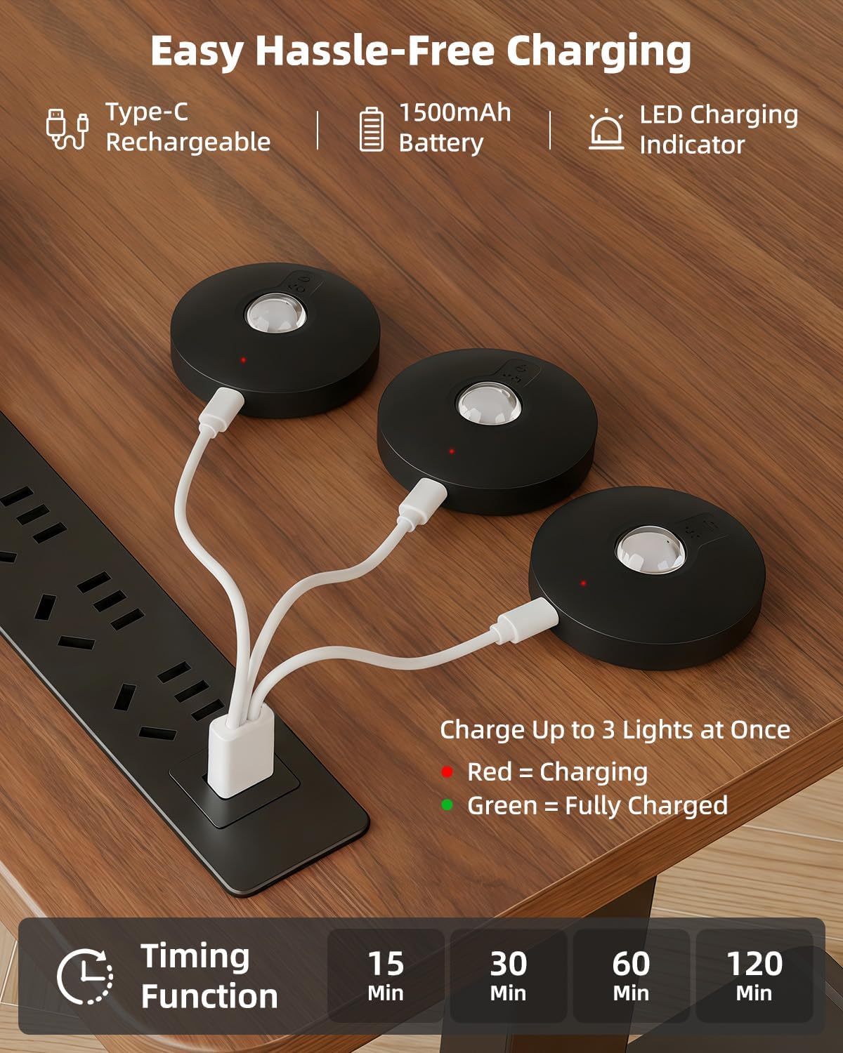 Rechargeable Puck Lights with Remote Control, 1500mAh Battery Operated Tap Lights, Dimmer & Timer Under Cabinet, Wireless LED Stick-On for Closet, Bedroom, Kitchen - Black 3Pcs
