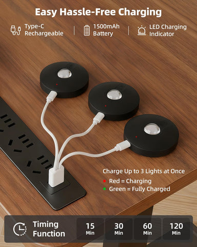 Rechargeable Puck Lights with Remote Control, 1500mAh Battery Operated Tap Lights, Dimmer & Timer Under Cabinet, Wireless LED Stick-On for Closet, Bedroom, Kitchen - Black 3Pcs