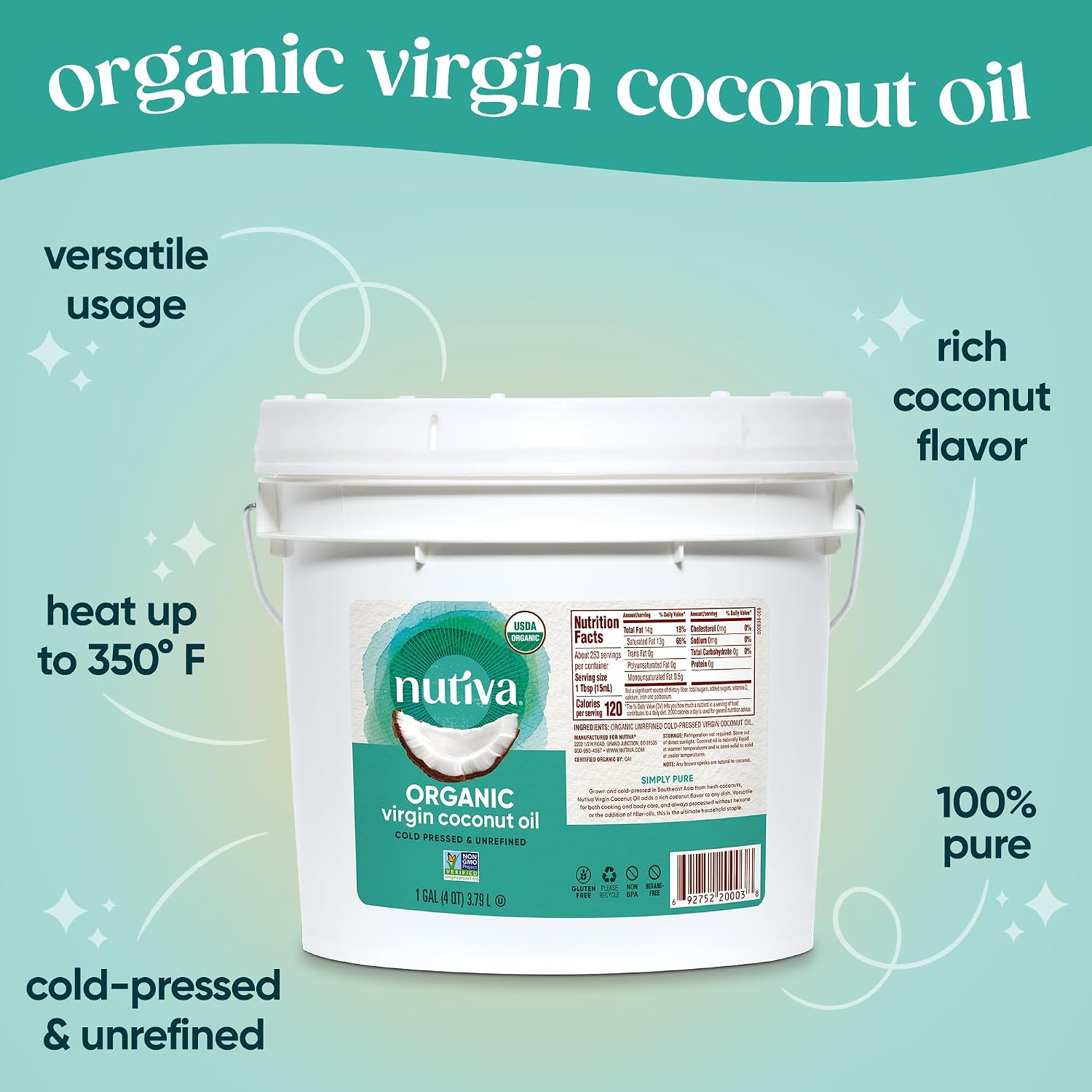 Nutiva Organic Cold-Pressed Virgin Coconut Oil, 1 Gallon, USDA Organic, Non-GMO, Whole 30 Approved, Vegan, Keto, Fresh Flavor and Aroma for Cooking & Healthy Skin and Hair