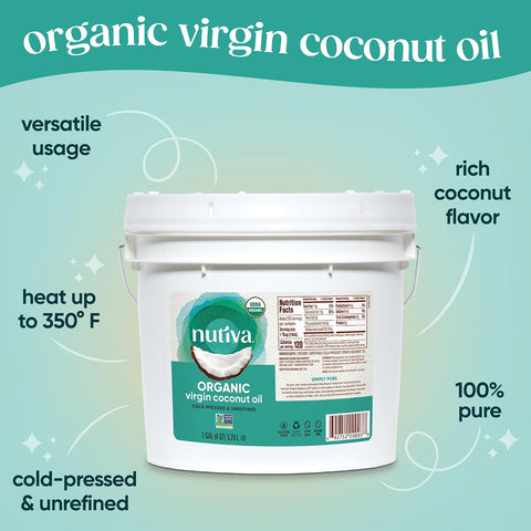 Nutiva Organic Cold-Pressed Virgin Coconut Oil, 1 Gallon, USDA Organic, Non-GMO, Whole 30 Approved, Vegan, Keto, Fresh Flavor and Aroma for Cooking & Healthy Skin and Hair