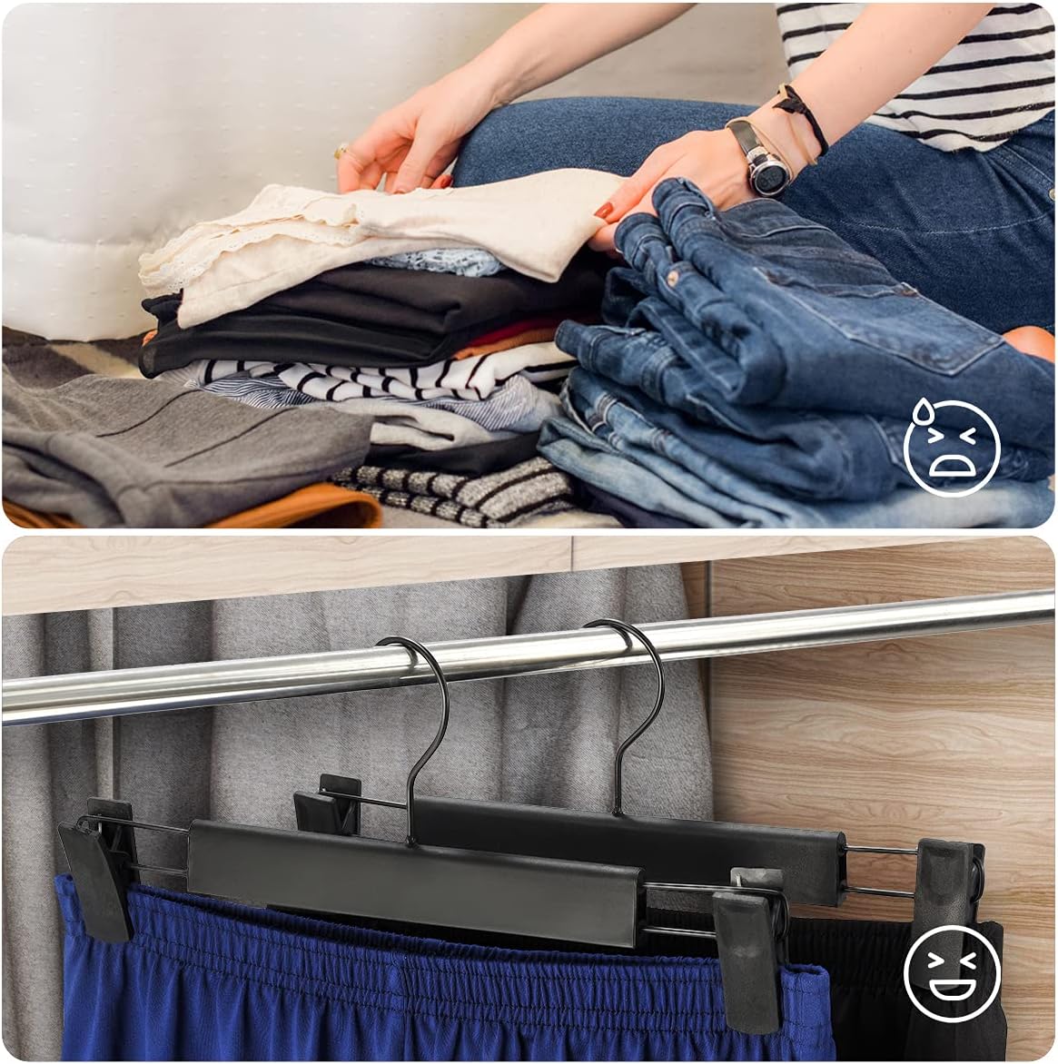 GUANJUNE 10 Pack Clothes Pants Hangers, Space-Saving Skirt Holders with 360 ° Swivel Hooks, Adjustable Clips, Trouser Coat Garment Jeans Black