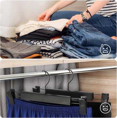 GUANJUNE 10 Pack Clothes Pants Hangers, Space-Saving Skirt Holders with 360 ° Swivel Hooks, Adjustable Clips, Trouser Coat Garment Jeans Black