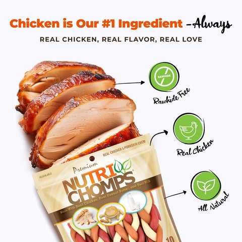 Nutri Chomps Dog Chews, 6-inch Braids, Easy to Digest, Rawhide-Free Dog Treats, Healthy, 10 Count, Real Chicken, Peanut Butter and Milk Flavors (Pack of 12)