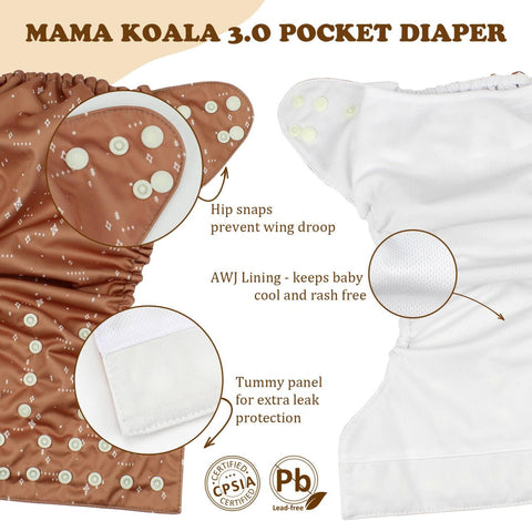 Mama Koala 3.0 Cloth Diapers for Babies with AWJ Lining, 6 Pack with 12 5-Layer Bboo(No Microfiber) Cloth Diaper Inserts - Reusable and Washable Pocket Diapers(12-My Warm Heart)