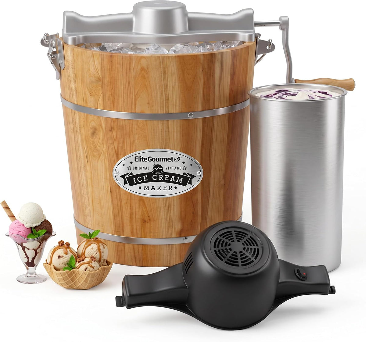Elite Gourmet EIM402 4Qt Old Fashioned Wood Bucket Ice Cream Maker
