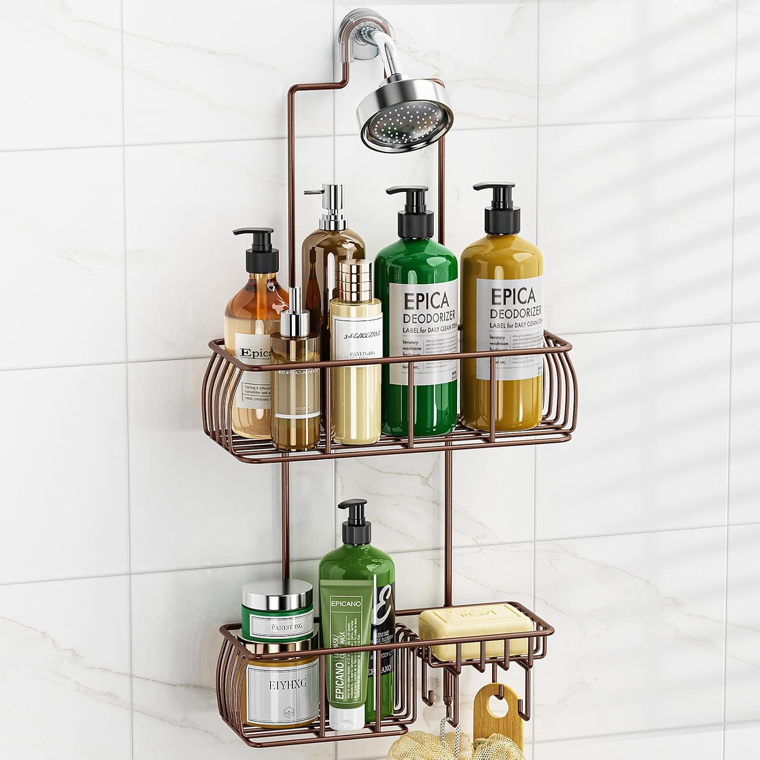 Epicano Shower Caddy Hanging Over Head, Bronze