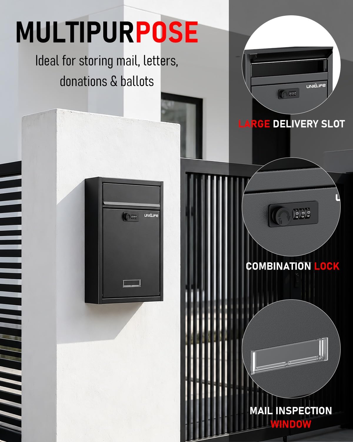 Uniclife Wall Mount Mailbox for Outside, Large Locking Mailbox, Black