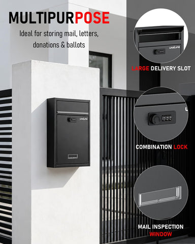 Uniclife Wall Mount Mailbox for Outside, Large Locking Mailbox, Black