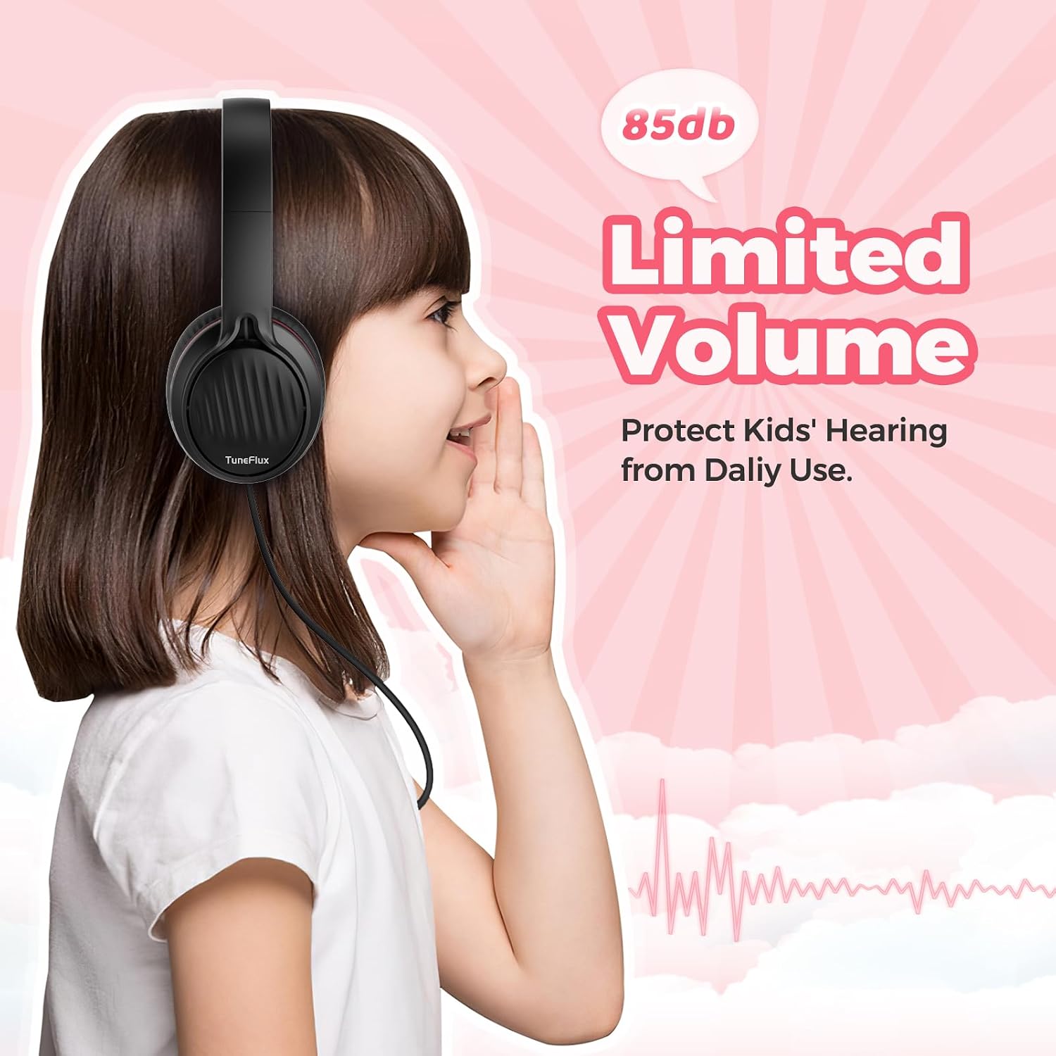 TuneFlux Kids Headphones with Cord for School, 85dB, 3.5mm Jack-Black Red