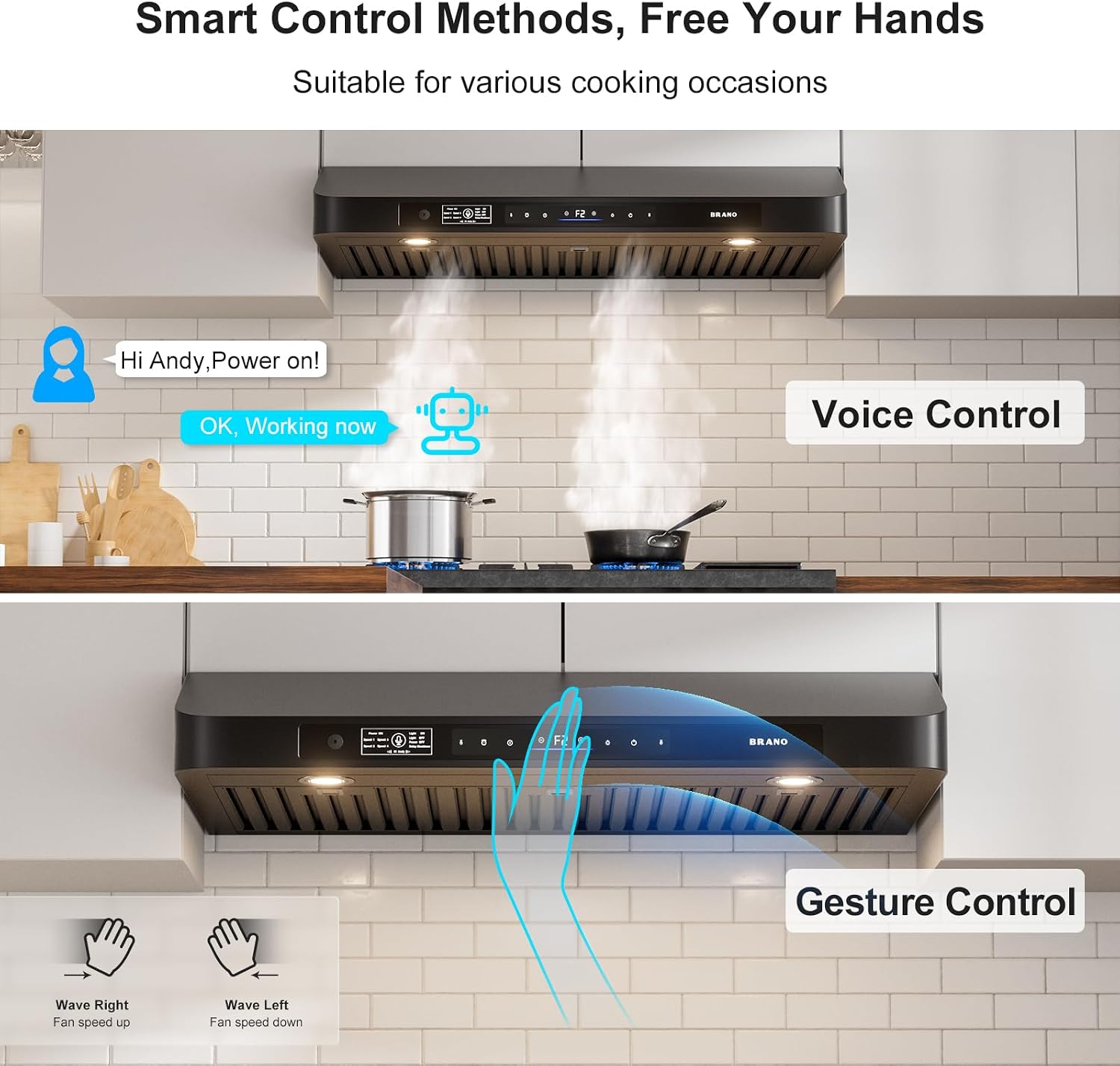 Brano Range Hood 36 Inch Under Cabinet,900CFM Voice/Gesture/Touch Control Ducted Kitchen Hood Vent With 4 Speed Exhaust Fan, Memory Mode, Adjustable Lights,Black
