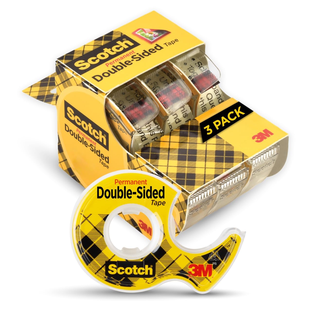 Scotch Double-Sided Tape, 1/2 in x 250 in (12.7 mm x 6.35 m), 3 Pack