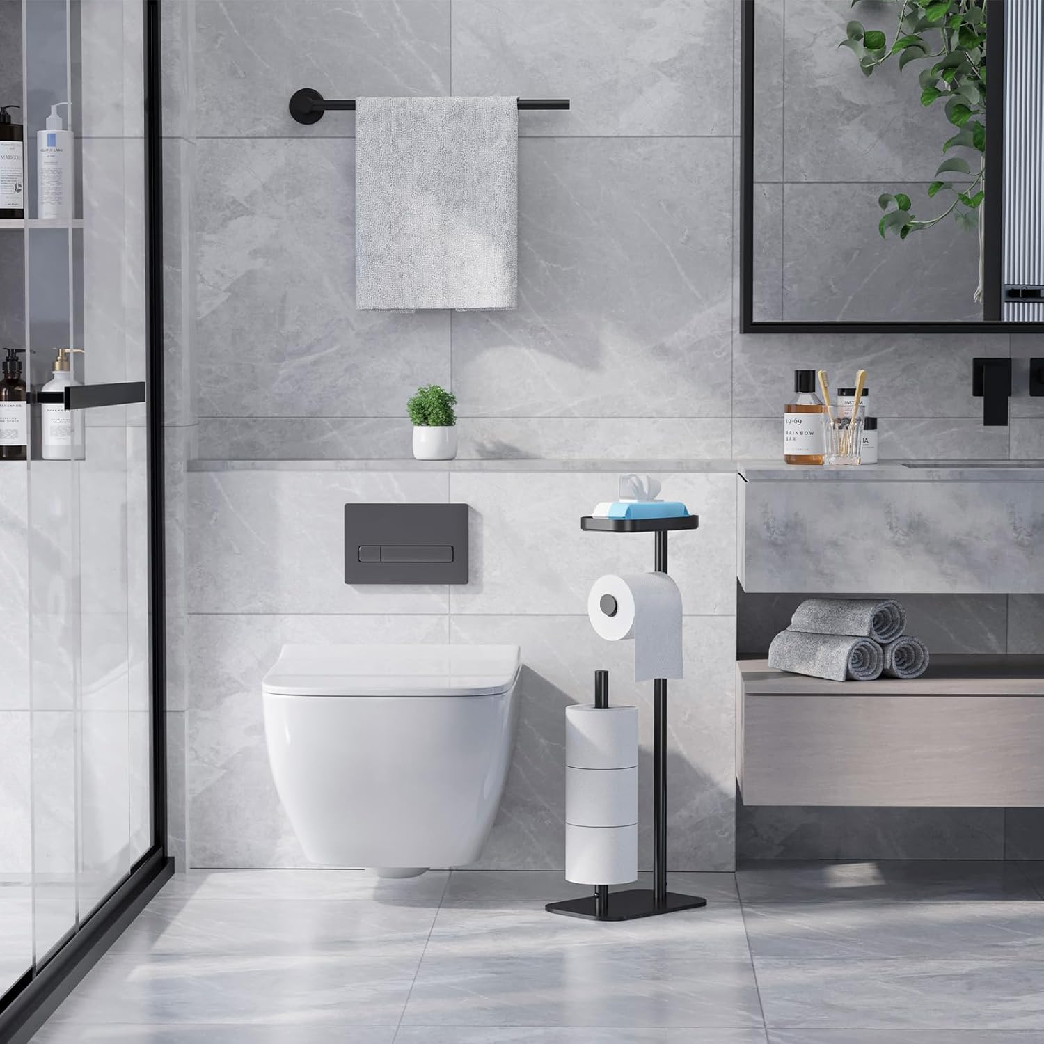 Kitsure Metal Toilet Paper Holder Free Standing, Medium, Black