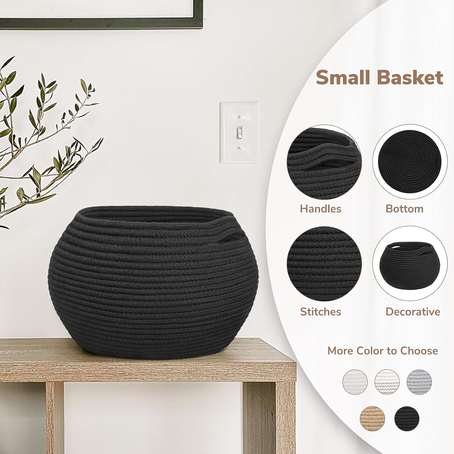 Goodpick Round Woven Rope Storage Basket for Shelves, 10" x 8.3", Black