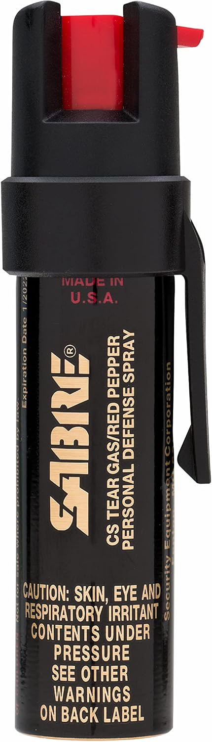 Sabre Compact 3‑in‑1 Pepper Spray, Tear Gas & UV Marking Dye Defense Spray - Maximum Police Strength OC Spray, Up to 16-ft Range, 13 Second Spray Time, Twist Lock Safety with Belt Clip, 0.75 fl oz