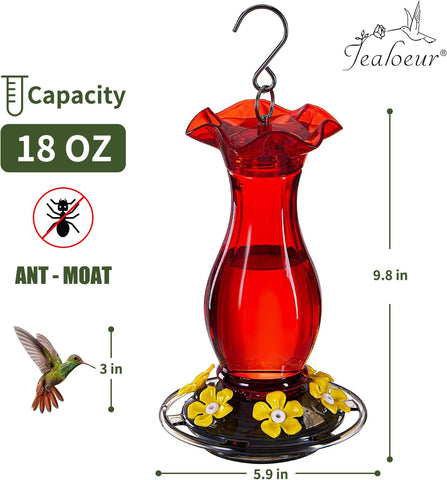 Jealoeur Hummingbird Feeder for Outdoors Hanging, 18 OZ Humming Birds Feeders with 6 Bee Guard Feeding Ports & Built-in Ant Moat, Easy to Clean, Durable Outdoor Garden Decor (Red 1 Pack-C)