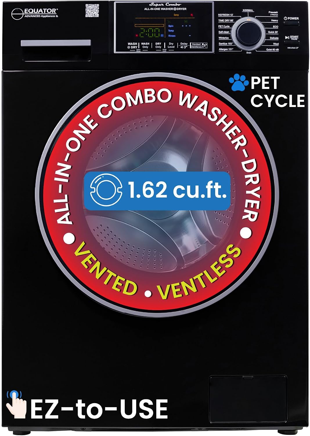 Equator 24" Convertible Compact Combo Washer Dryer, Black
