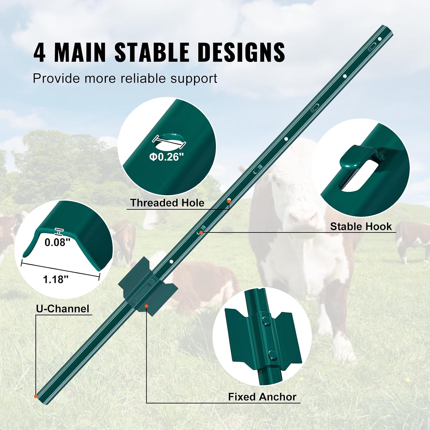 VEVOR 3 Feet Fence Post, 10 Pack U-Channel Heavy Duty Metal Fence Posts with 20 Zip Ties & 20 Clips, Sturdy Steel Fence Stakes for Garden Yard, Lawn, Farms and Outdoor Wire Fencing, Green