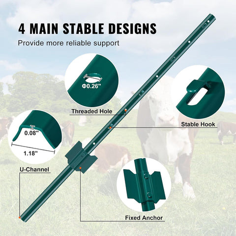 VEVOR 3 Feet Fence Post, 10 Pack U-Channel Heavy Duty Metal Fence Posts with 20 Zip Ties & 20 Clips, Sturdy Steel Fence Stakes for Garden Yard, Lawn, Farms and Outdoor Wire Fencing, Green