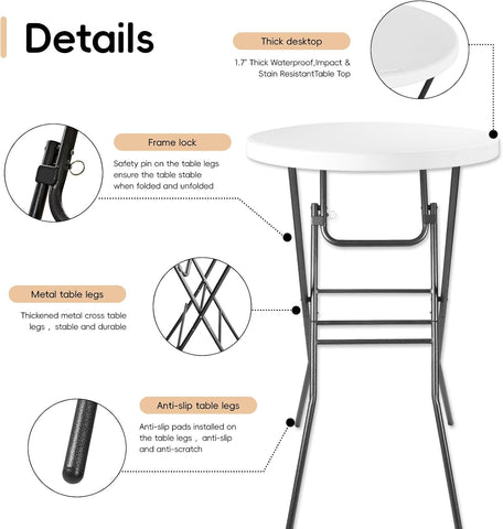 pollilar Cocktail Table 28in Bar Height Folding High Top Table White