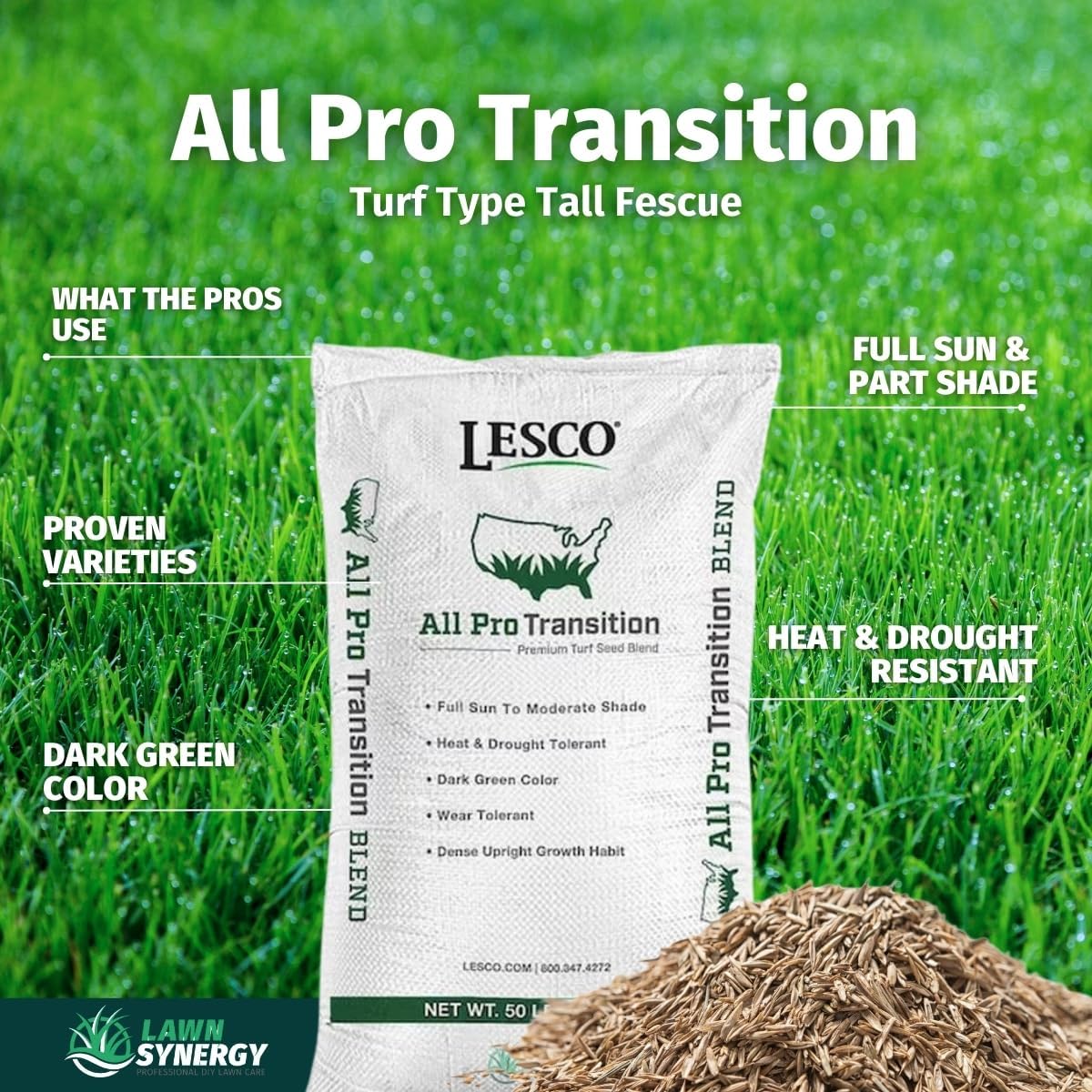 Lesco All-Pro Transition Tall Fescue Grass Seed Blend (50 lbs) – Drought-Tolerant, Heat & Shade ResistantLawn Seed for Durable Turf