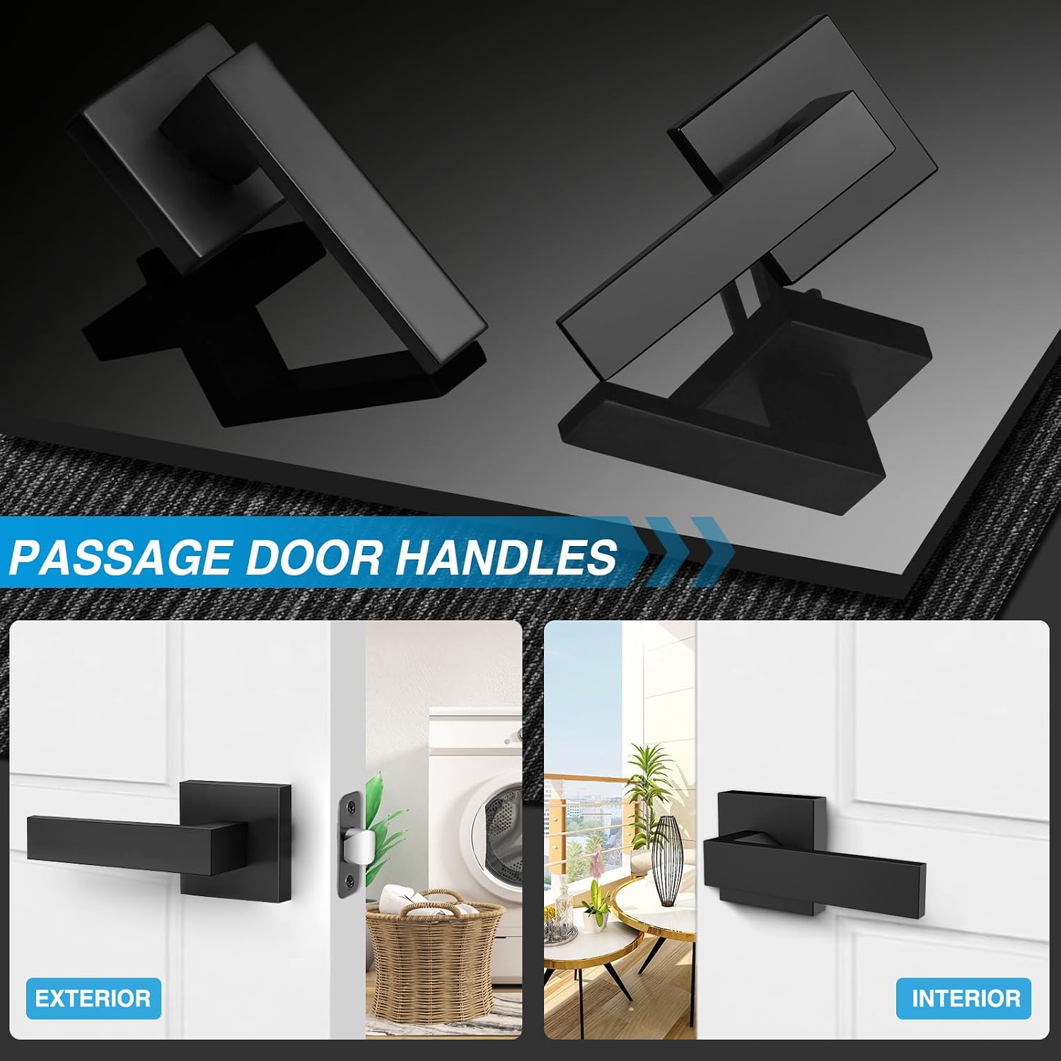 Plustool 4 Pack Black Door Handles Interior, Passage Door Levers for Hallway & Closet, Interior Closet Door Knobs Heavy Duty Square Non-Locking Handlesets, Reversible for Left & Right Sided Doors