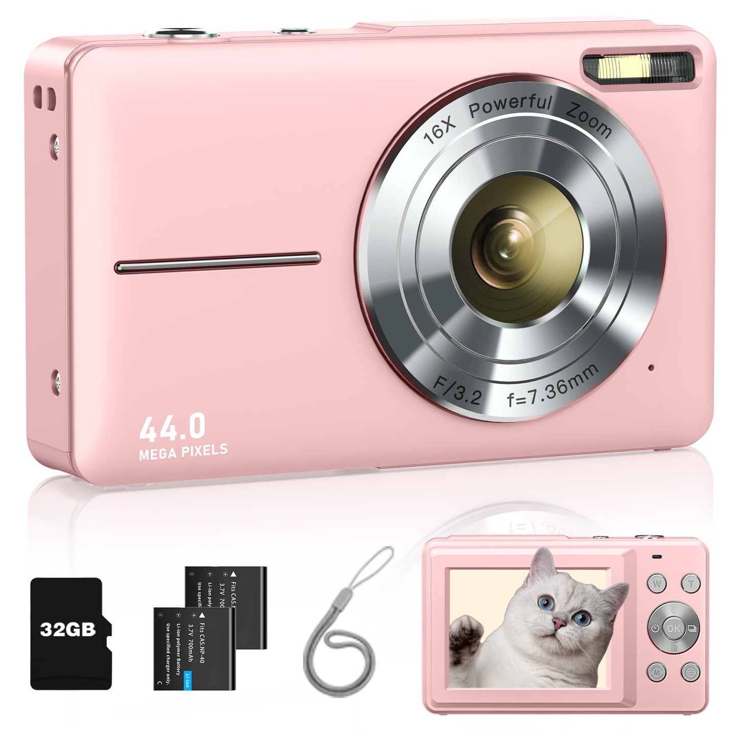 Lecran Digital Camera, FHD 1080P Kids Camera with 32GB Card, 2 Batteries, Lanyard, 16X Zoom Anti Shake, 44MP Compact Portable Small Point Shoot Camera Gift for Kid Student Children Teen Girl Boy(Pink)