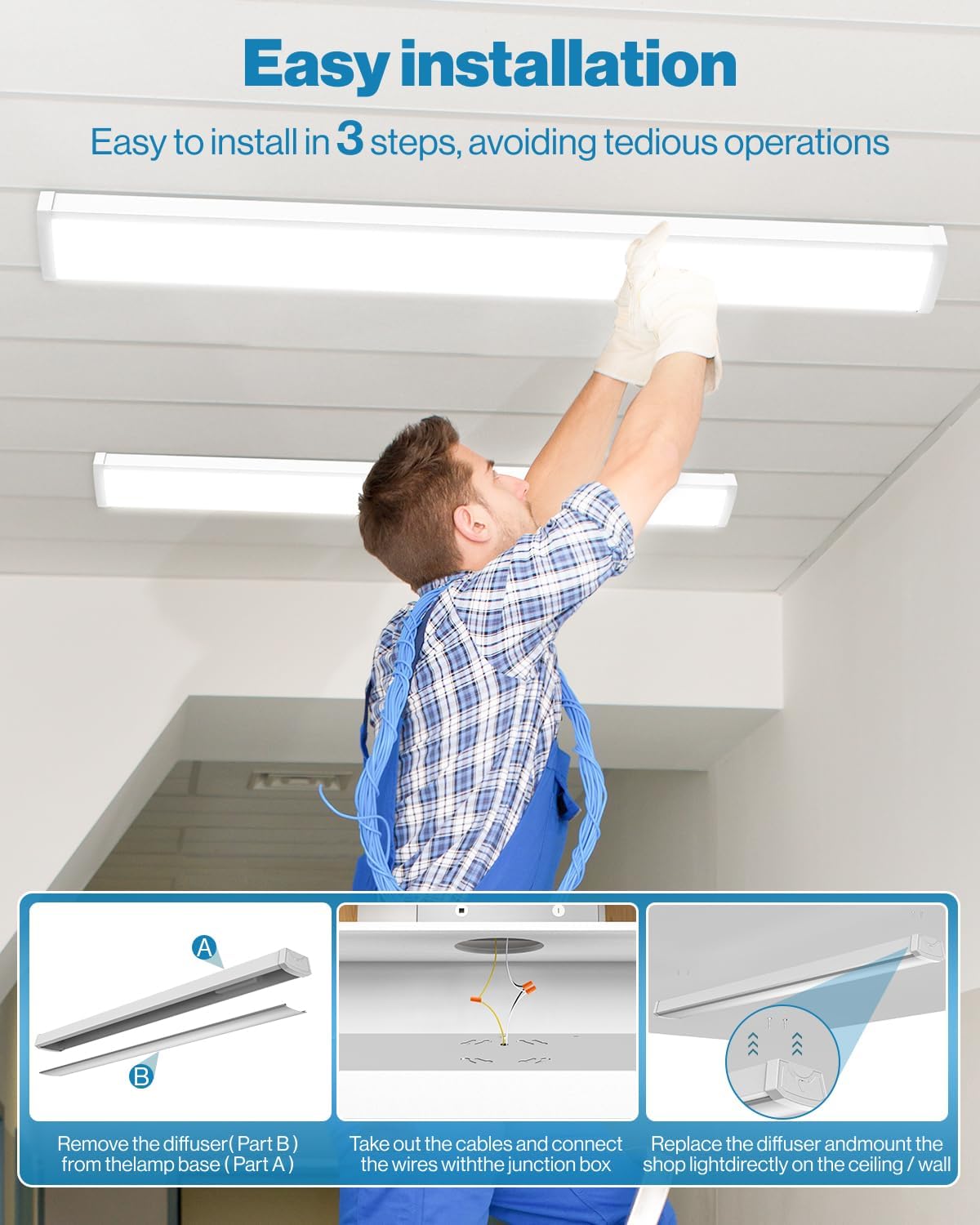 Sunco 2 Pack LED Shop Lights 4ft, Wraparound Fixtures, 40W=300W, Linkable