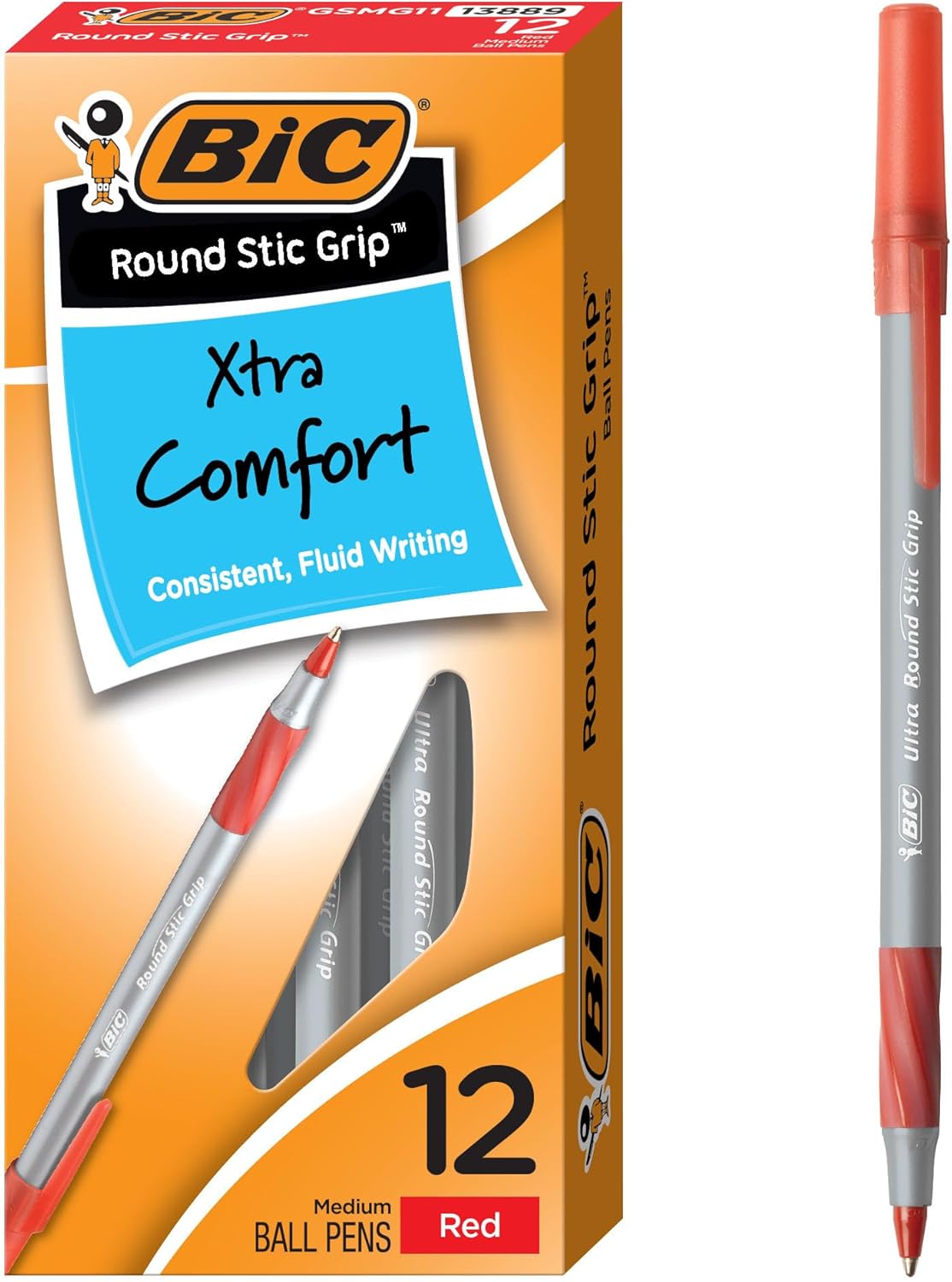 BIC Round Stic Grip Xtra Comfort Red Ballpoint Pens, 12-Count, 1.2mm