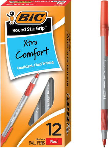 BIC Round Stic Grip Xtra Comfort Red Ballpoint Pens, 12-Count, 1.2mm